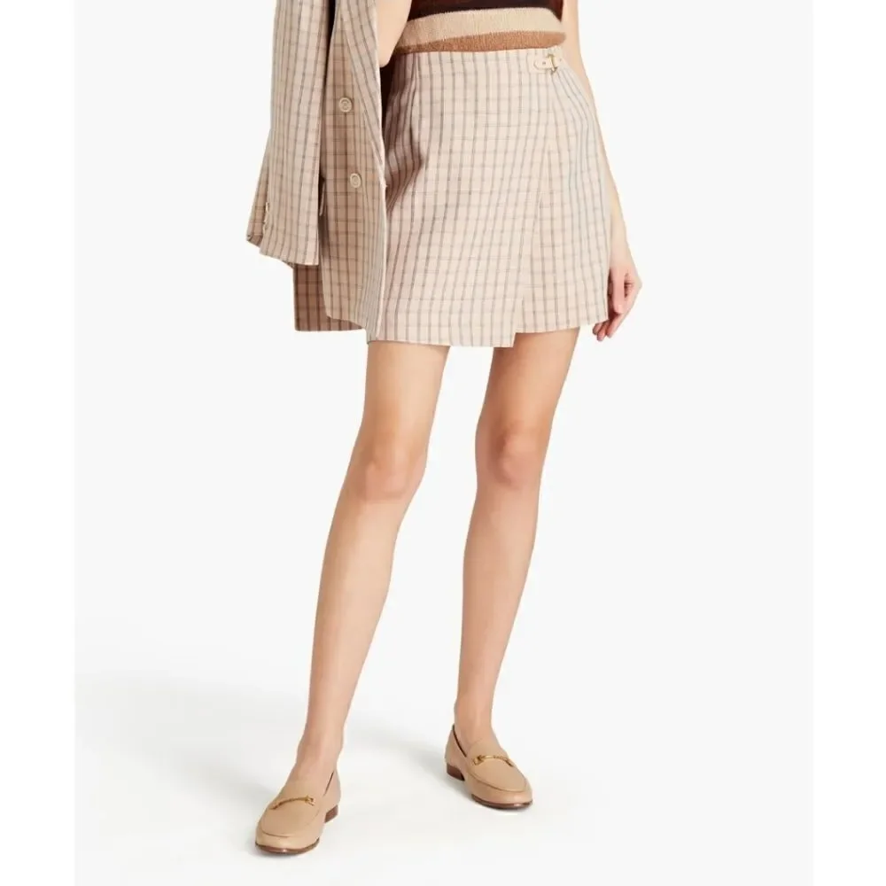 Sandro Paris Womens Nude Meredith Checkered Twill Mini Wrap Skirt Size 2